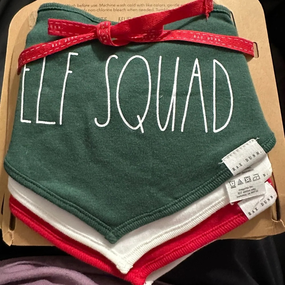 NWT Rae Dunn Baby Bandana Bibs - Santa's Bestie White, Elf Squad in Green